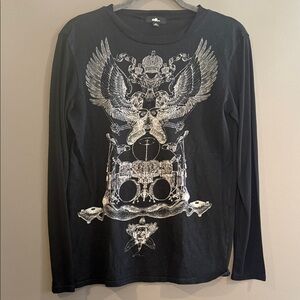 Black Graphic Long-Sleeve unisex Shirt with Silver Drum & Eagle Print
